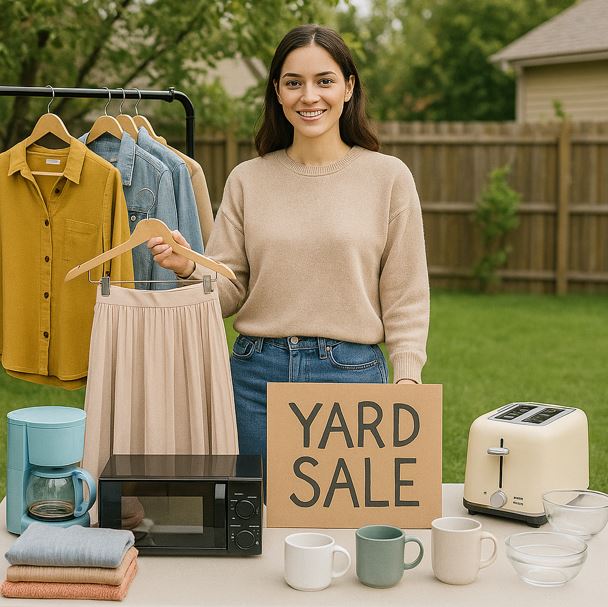 사용하지 않는 의류나 가전제품, 주방용품 들을 밖에 내놓고 플리마켓을 하는 여성의 모습