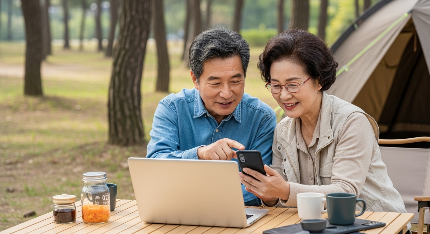 캠핑 사진을 편집하고 블로그에 업로드하는 중년 부부