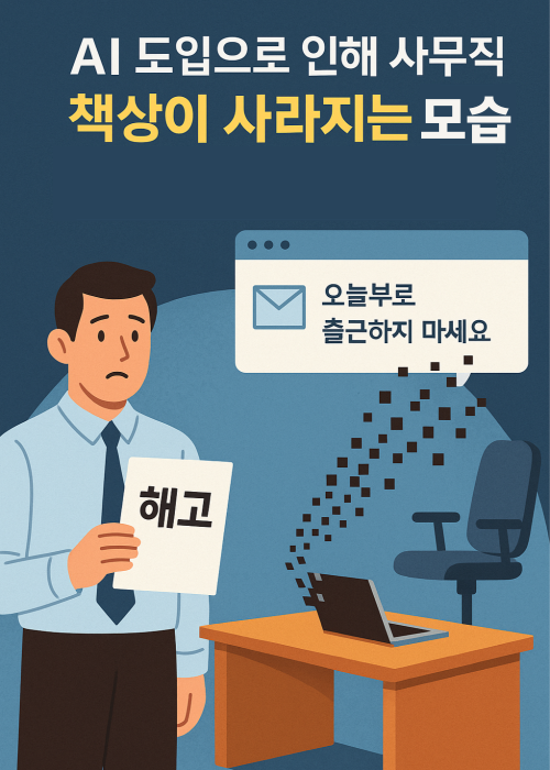 &ldquo;AI 도입으로 인해 사무직 책상이 사라지는 모습을 상징적으로 표현한 일러스트&rdquo;