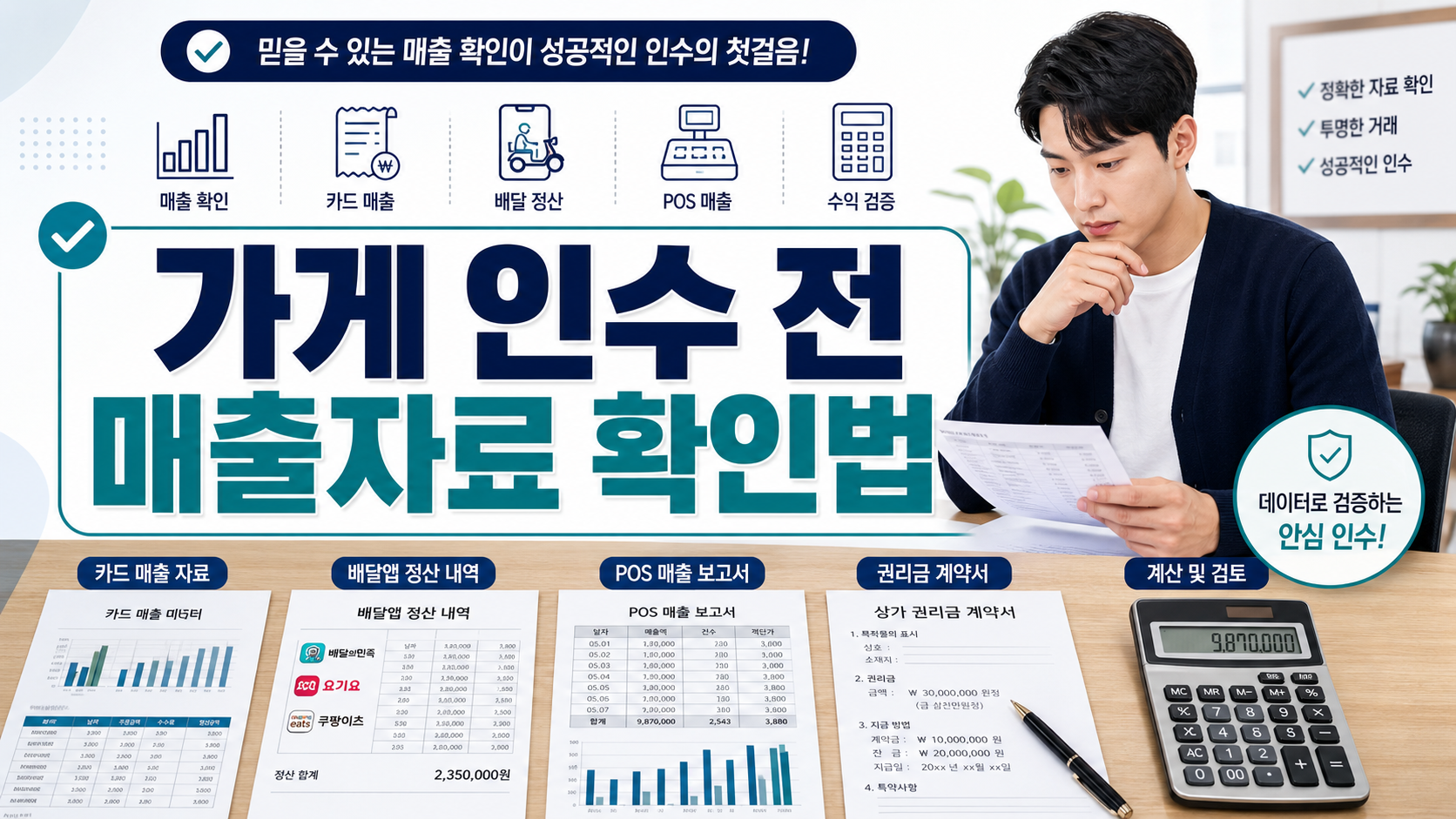 가게 인수 전 카드매출 자료와 배달앱 정산내역, 포스 매출표를 확인하는 예비 창업자 이미지