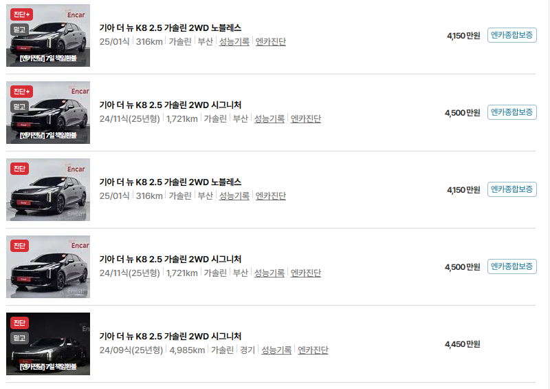 기아 K8 중고차 가격 시세표 유지비