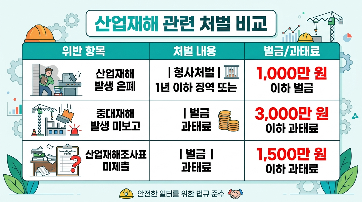 산업재해 은폐&middot;미보고&middot;조사표 미제출 위반 유형별 처벌 비교