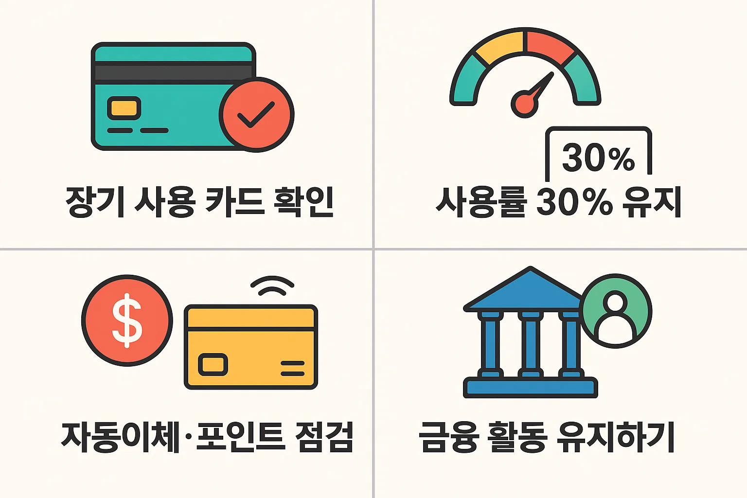 장기 사용 카드 여부 확인, 사용률 30% 유지, 자동이체&middot;포인트 점검, 금융 활동 유지하기 등 신용카드 해지 전에 반드시 체크해야 할 실전 팁을 담은 인포그래픽
