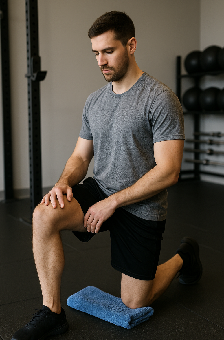 무릎 밑에 수건을 깔고 신전 운동을 하는 남성