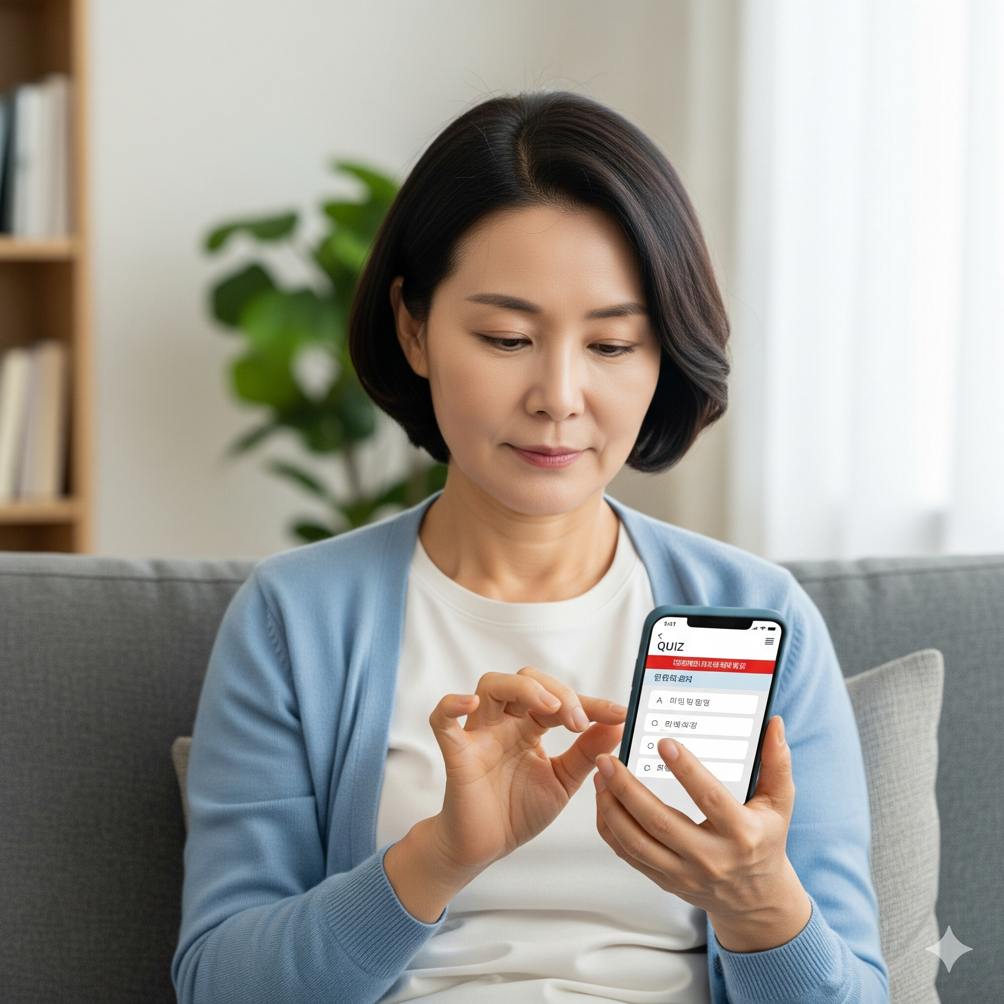 스마트폰으로 퀴즈를 풀고있는 중년여성(앱테크)