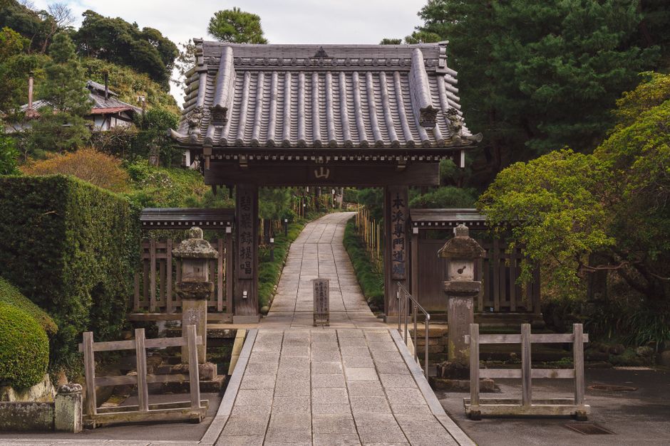 Explore the serene pathway leading to a traditional Japanese gate at Kencho-Ji Temple in Kamakura.
