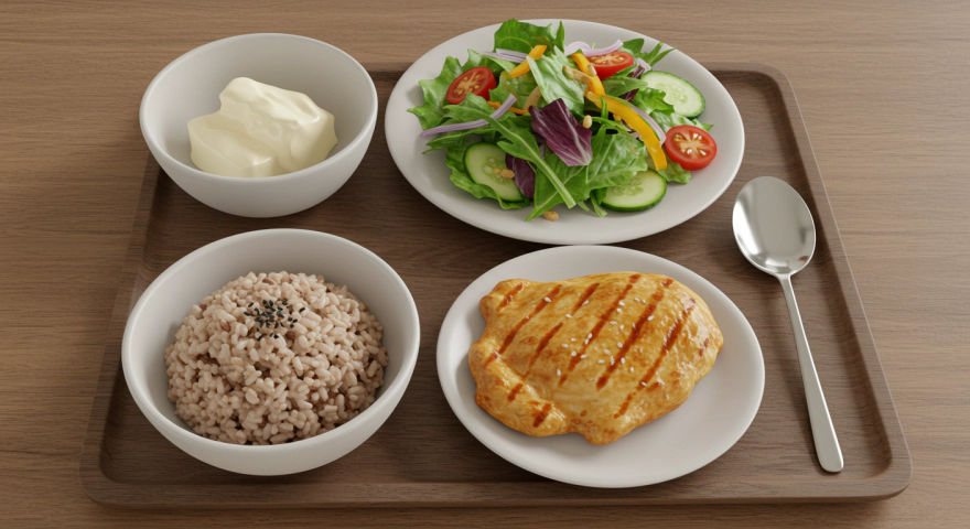 현미밥과 닭가슴살, 샐러드로 구성된 균형 잡힌 한 끼 식단