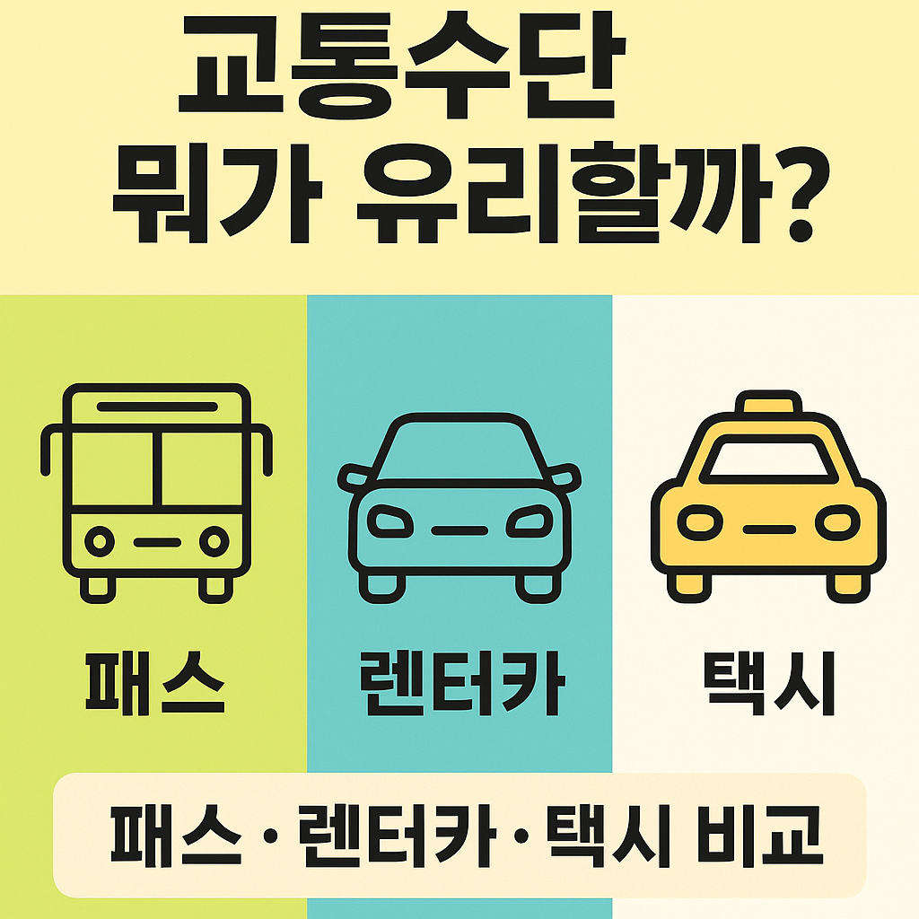 교통수단 비교를 설명하는 글을 위한 썸네일 이미지로, &lsquo;교통수단 뭐가 유리할까?&rsquo;라는 문구와 패스&middot;렌터카&middot;택시 아이콘이 나란히 배치된 심플한 인포그래픽 스타일 디자인.