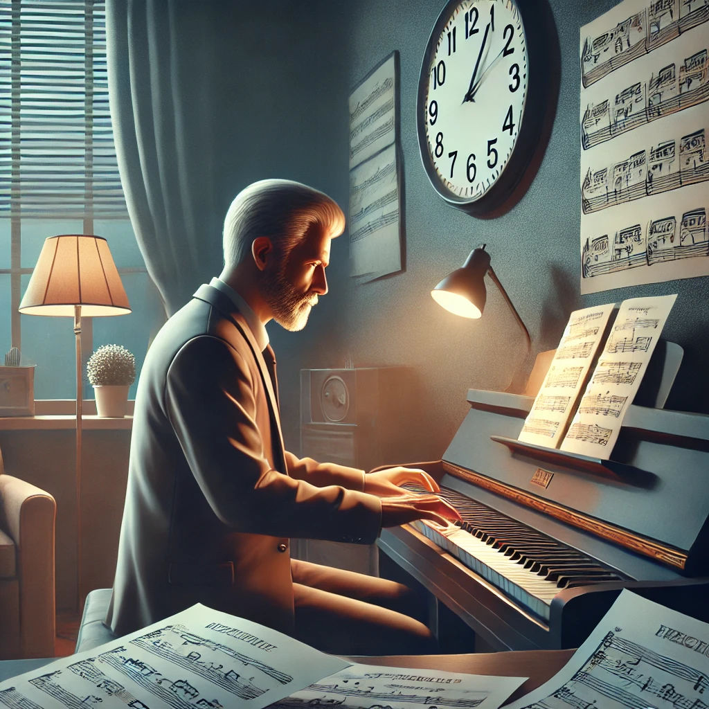 아늑한 거실에서 악보에 둘러싸여 피아노 연습을 하는 중년 남성. 벽에 걸린 시계가 이른 아침 시간을 가리키며 꾸준한 연습의 중요성을 강조함