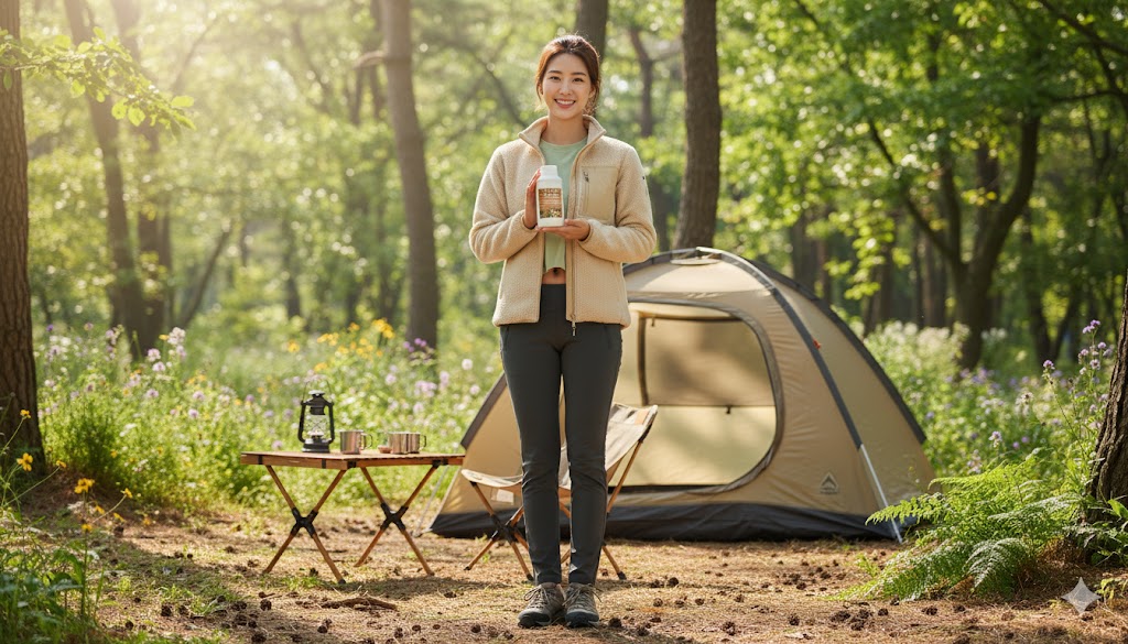 한국계 여성 모델이 M500 불투명 백색 용기를 들고 활기찬 캠핑장 텐트 앞에서 미소 짓고 있습니다. 라벨은 나무 텍스처 배경에 'M500 Outdoor Essentials' 문구가 있으며, 용기가 아웃도어 활동 시 개인 위생용품이나 세척액으로 휴대하기 편리함을 강조합니다.