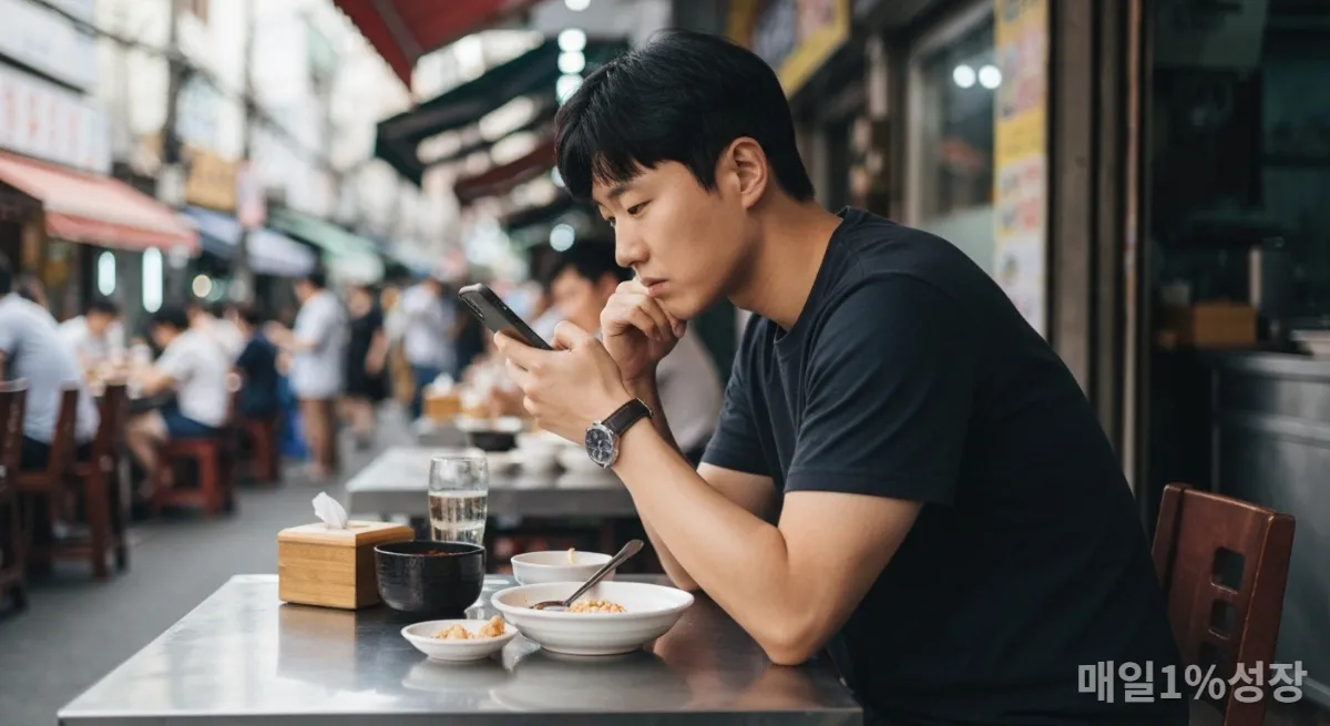 낯선 도시의 식당에서 혼자 밥 먹는 한국인 디지털 노마드