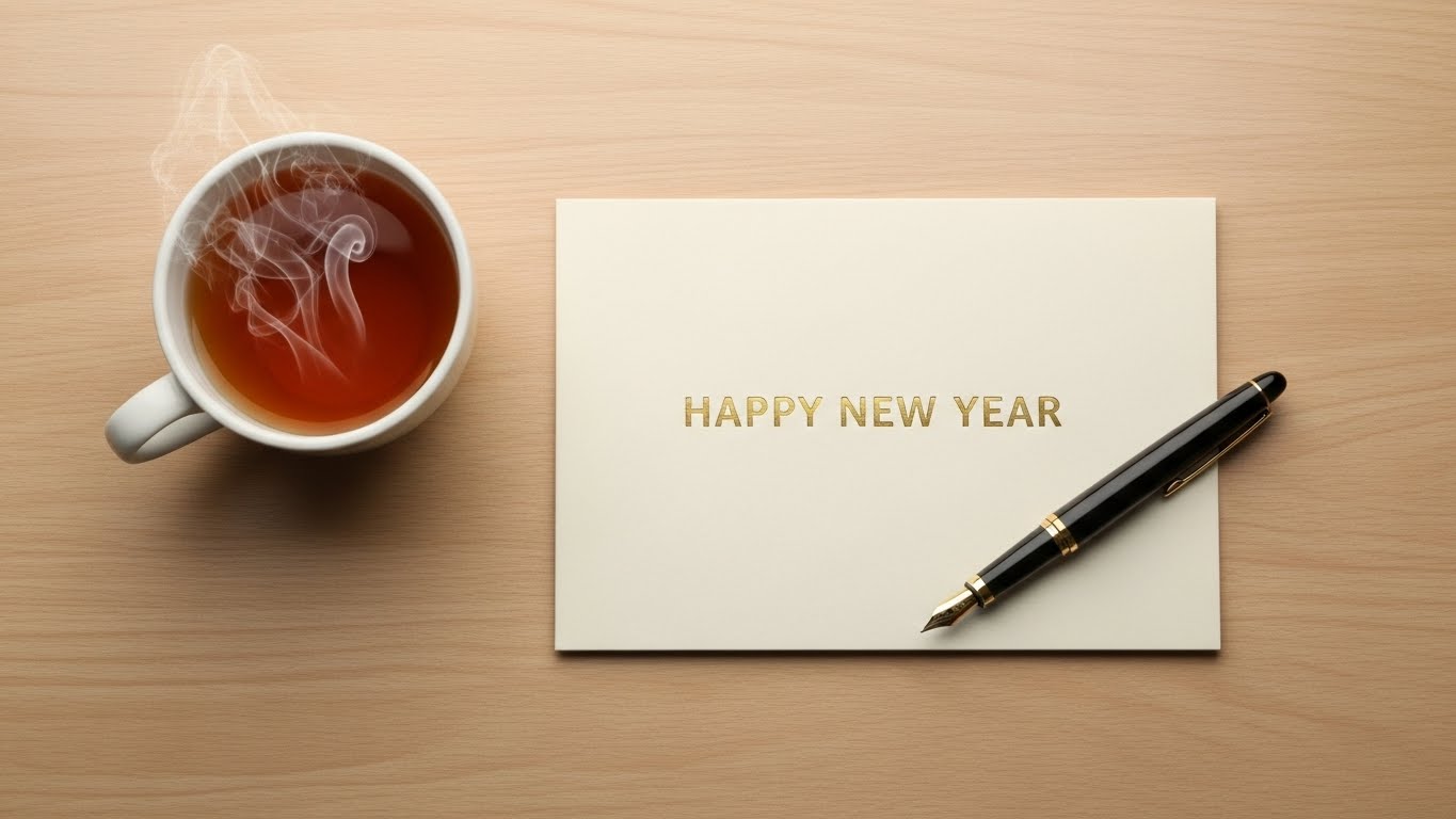 [이미지 #3: 정갈한 사무실 책상 위, 신년 카드가 놓여 있는 차분한 분위기]