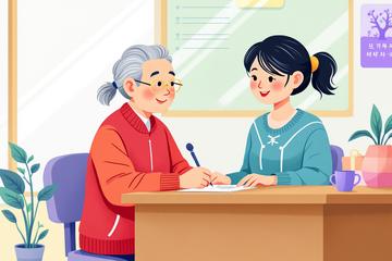 동사무소에 에너지 바우처를 신청하고 있는 노인 여성