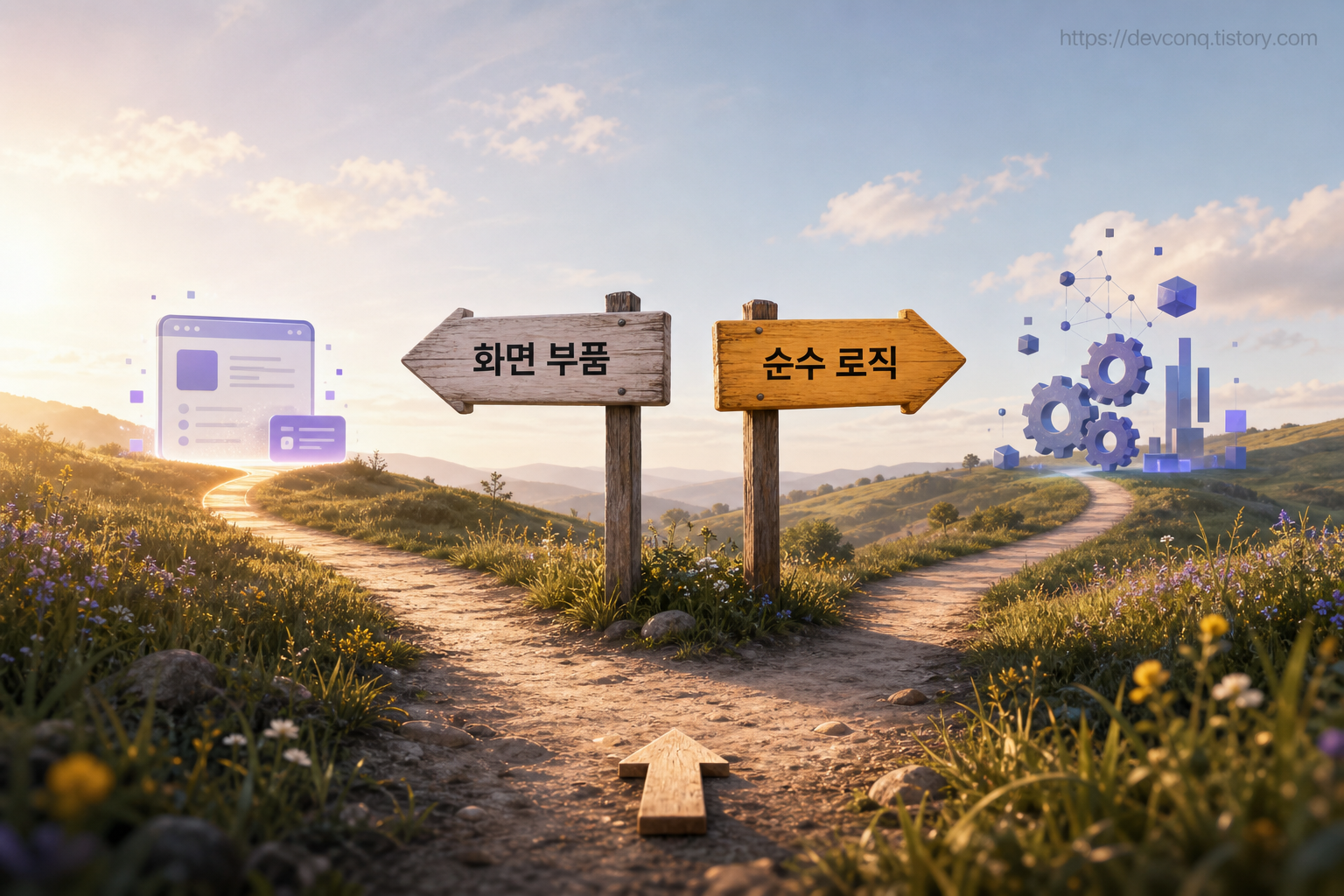 화면 부품은 .tsx, 순수 로직은 .ts로 갈리는 갈림길 안내판 일러스트