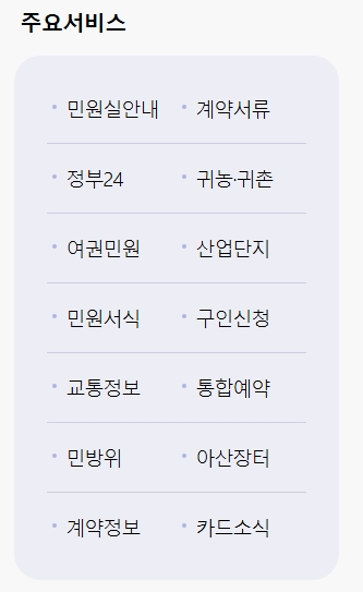 자주 사용하는 민원 서비스와 정부24 연결 바로가기 아이콘