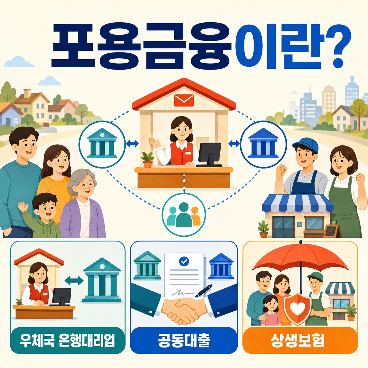 포용금융의 우체국 은행대리업&middot;공동대출&middot;상생보험 인포그래픽