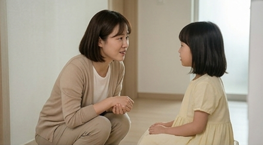 아이와 눈높이를 맞추고 대화하는 모습