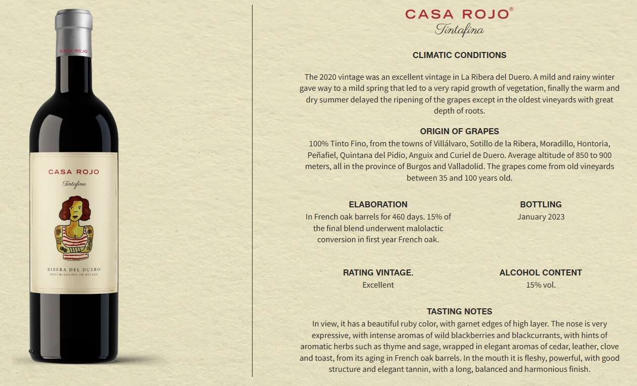 [Spain] Casa Rojo Tintafina Crianza 2020, D.O. Ribera del Duero｜카사 로호, 틴타피나 크리안자 2020, 리베라 델 두에로