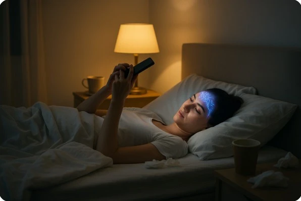 침대에 누운 무기력한 여성의 도파민 리셋이 필요한 모습