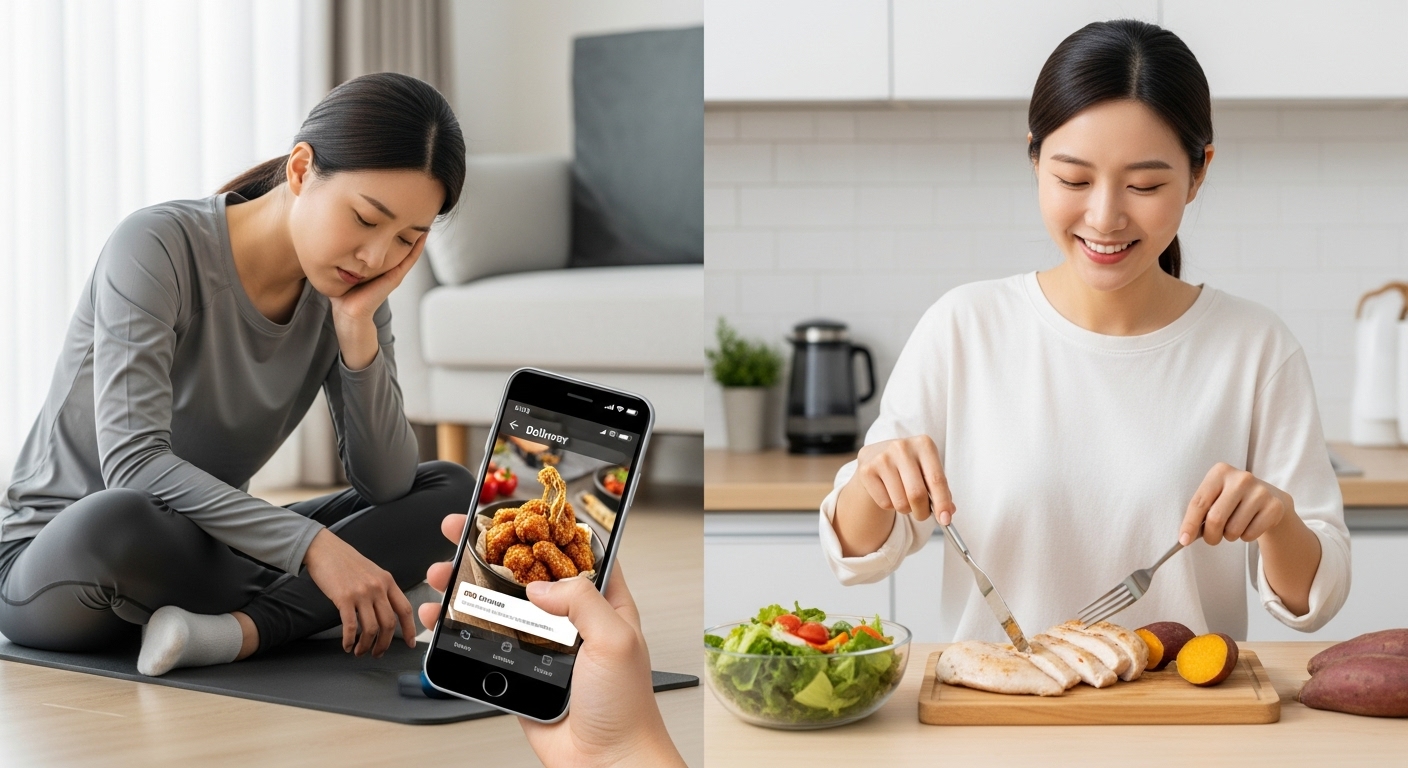 운동 후 배달 음식을 고민하는 모습과 건강한 식단을 준비하는 모습을 비교하는 이미지