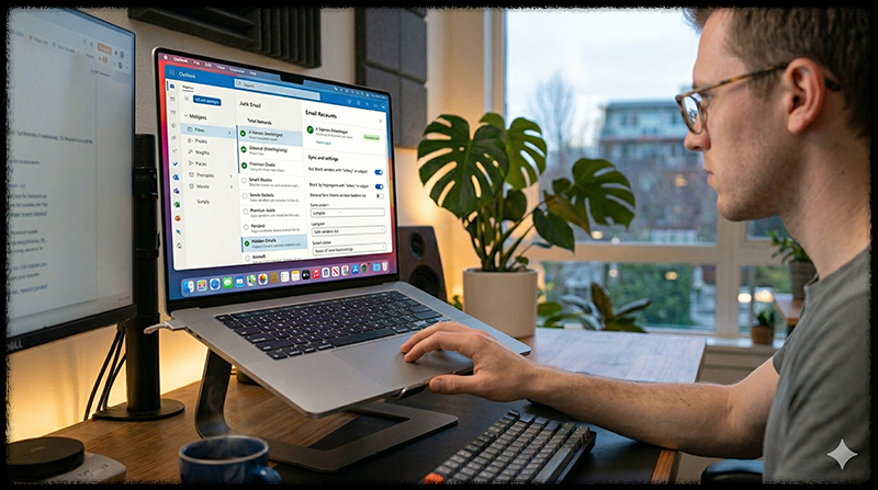 아웃룩 정크메일과 필터 설정을 확인하는 모습