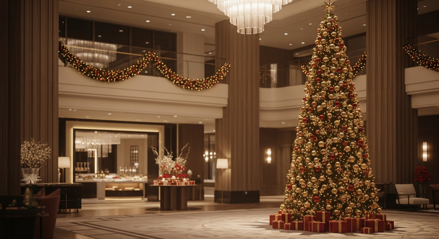 크리스마스 장식으로 화려하게 꾸며진 럭셔리 호텔 로비 전경