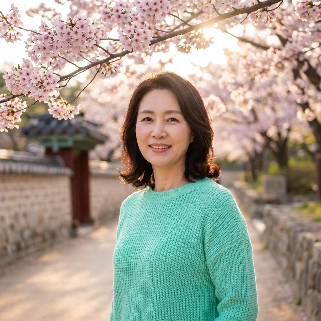 벚꽃 아래서 더 빛나는 50대 파스텔 니트 코디