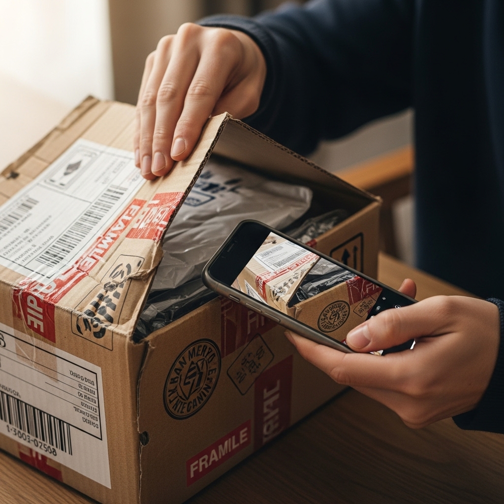 국제 택배 상자를 개봉하며 스마트폰으로 촬영하는 사람의 모습. 손상된 포장재와 함께 개봉 과정을 기록하는 중.