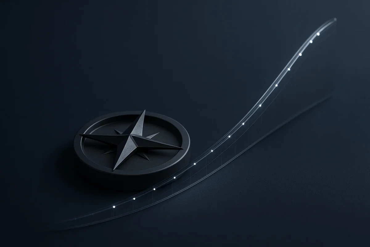 안정적인 우상향 그래프 위에 나침반 아이콘이 놓여 있는, '올바른 투자 방향을 제시한다'는 느낌의 대표 이미지