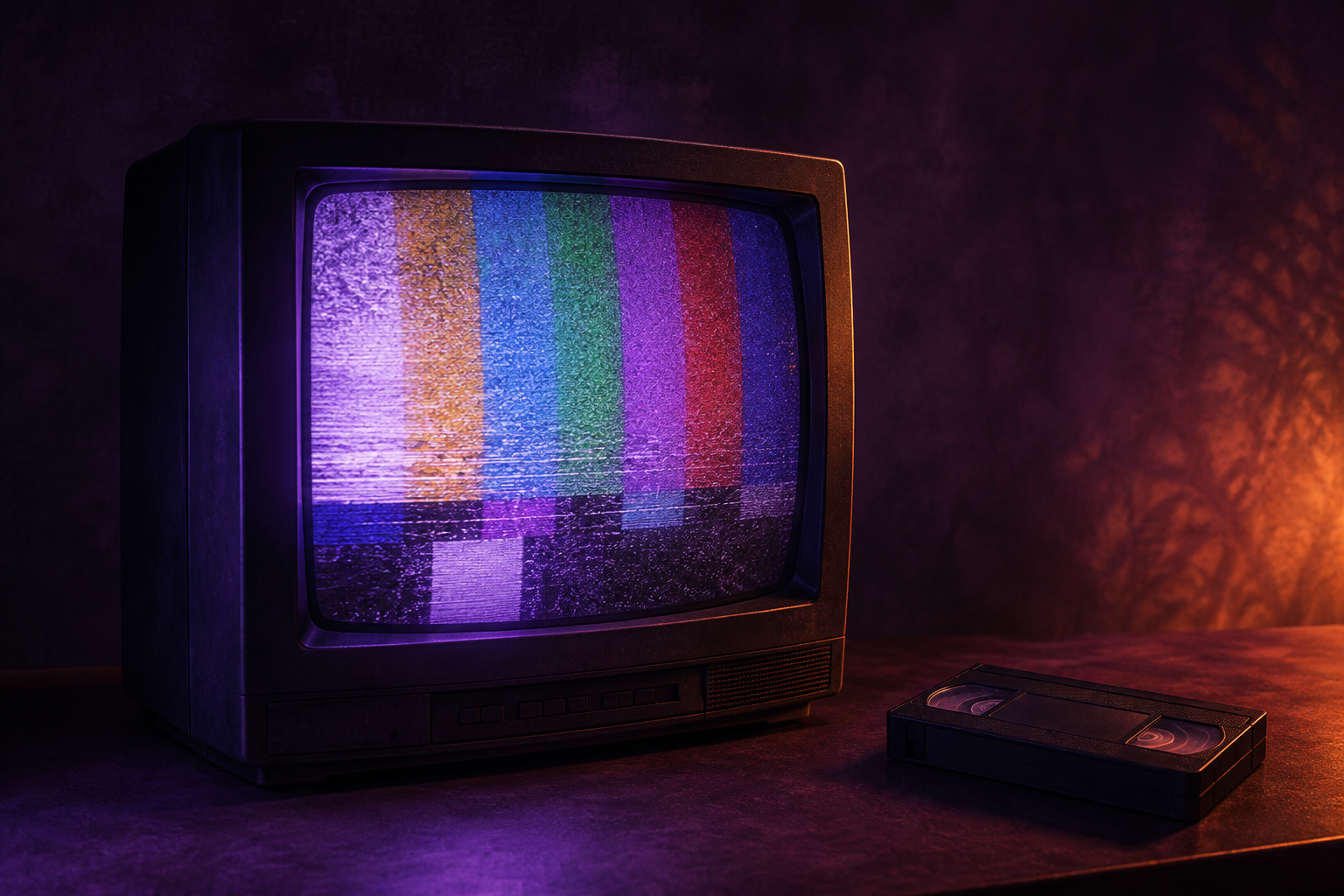 잡음과 색상 막대가 나오는 오래된 브라운관 텔레비전과 VHS 테이프
