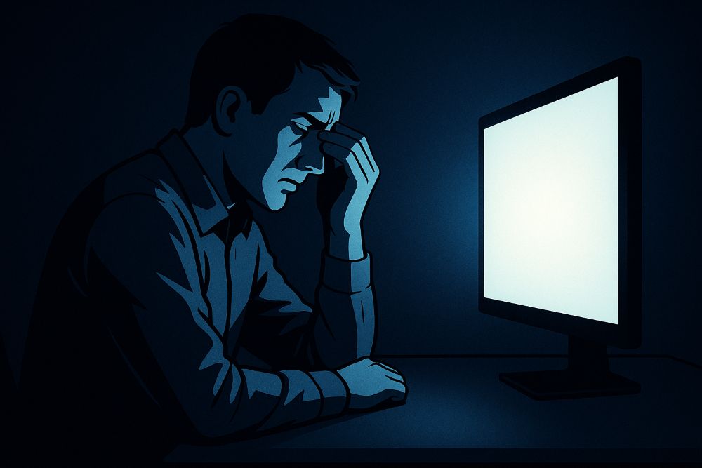 어두운 공간에서 모니터를 바라보는 사람