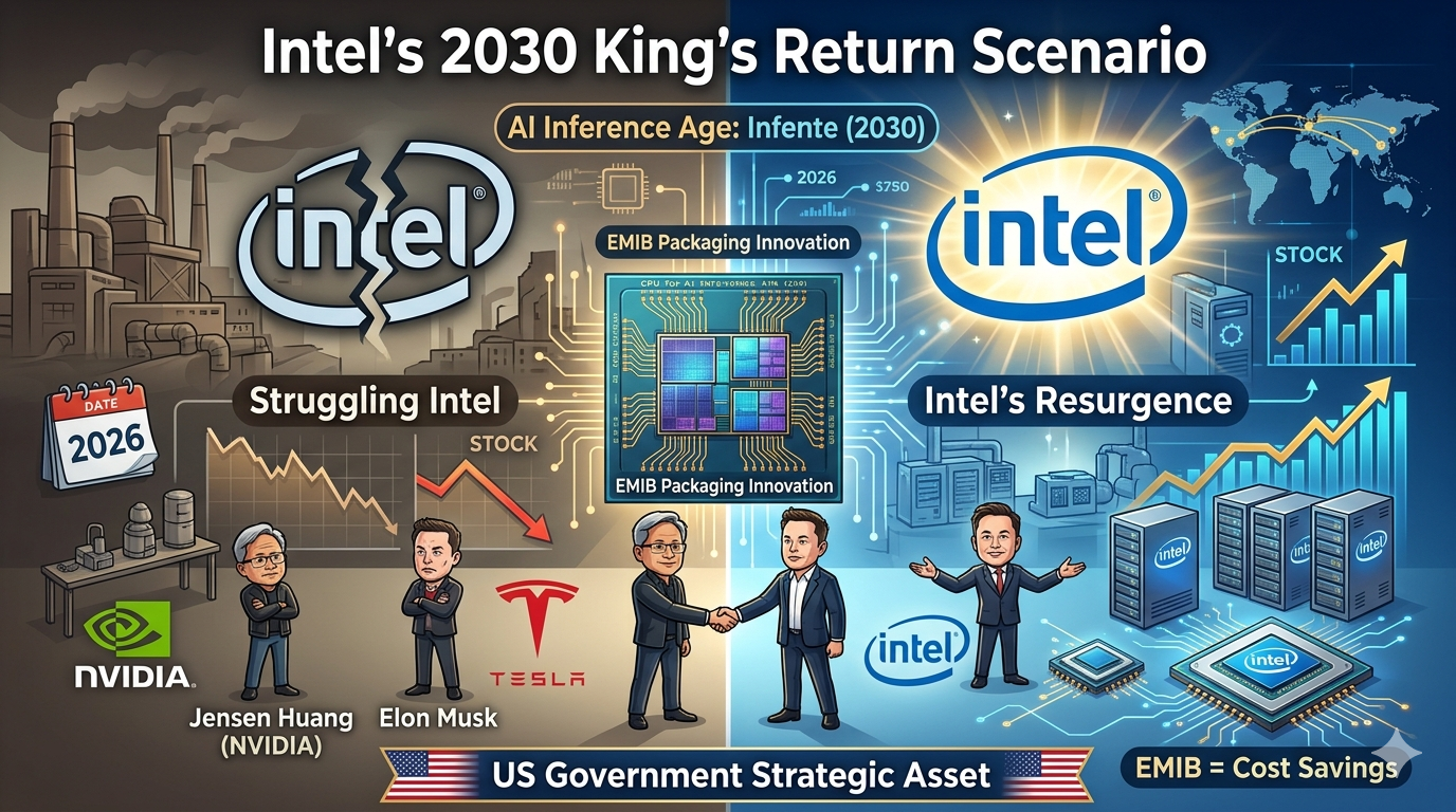 인텔 제온 프로세서와 EMIB 패키징 기술 구조도 위로 '2030년 왕의 귀환' 문구와 함께 젠슨 황, 일론 머스크의 실루엣이 결합된 강렬한 썸네일