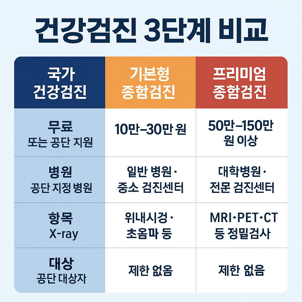 건강검진 3단계 비교 인포그래픽 &ndash; 국가검진&amp;#44; 기본형 종합검진&amp;#44; 프리미엄 검진의 비용&middot;항목&middot;대상 차이를 시각적으로 정리한 표