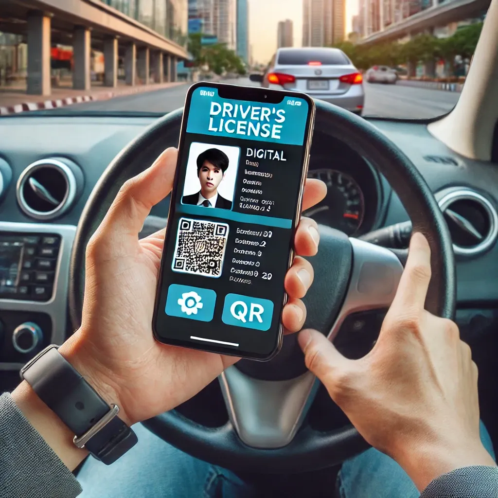 차 안에서 스마트폰으로 디지털 운전면허증을 사용하는 장면, 배경으로 보이는 운전대와 도로.