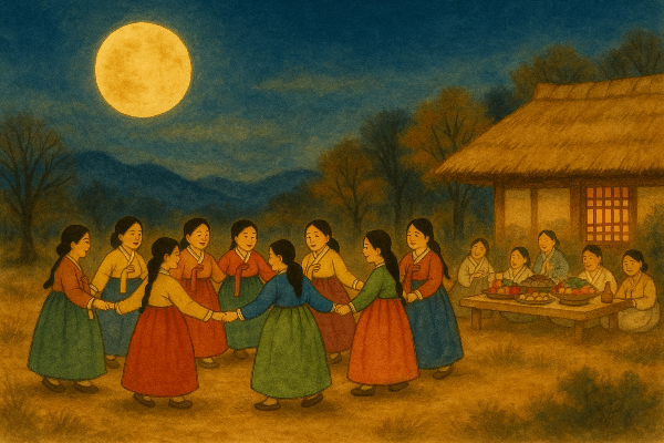 한가위 보름달 아래에서 강강술래를 하는 여인들의 모습
