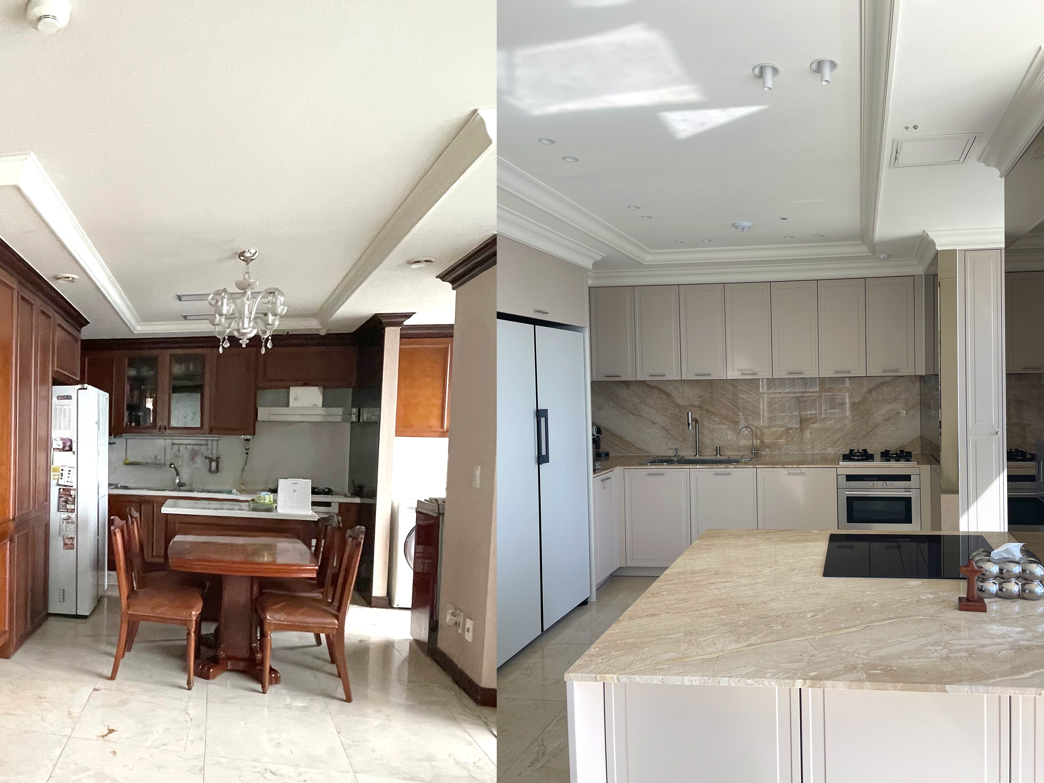 반셀프인테리어, 인테리어, 키친, 키친리모델링, 캐비넷, 대리석상판, 디아노임페리얼, 후드일체형인덕션, 아일랜드, 브론즈경, 빌트인가전, 빌트인식기세척기, 폭포수전, 보탬주방, 을지로