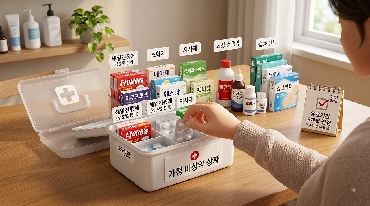 가정 비상약 상자 성분별 분류(해열진통제, 소화제, 지사제, 외상 소독약) 및 유효기간 6개월 점검 팁