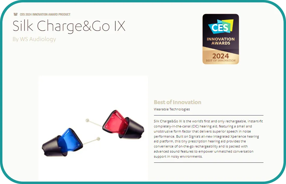 WS Audiology의 고막형 보청기 Silk Charge&amp;Go lX CES 2024 최고혁신상