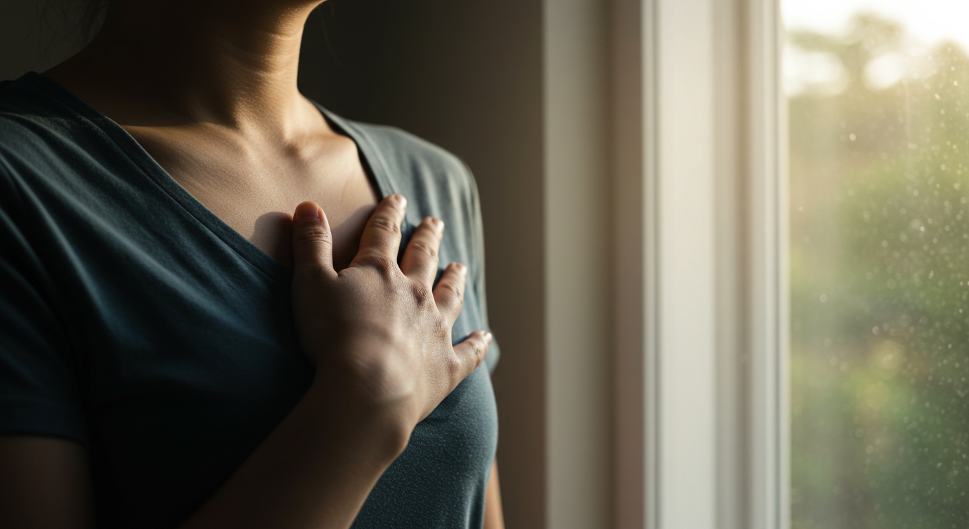 가슴 위에 손을 얹고 새벽 햇살을 맞는 사람의 모습, 다시 나를 믿기로 한 다짐의 상징