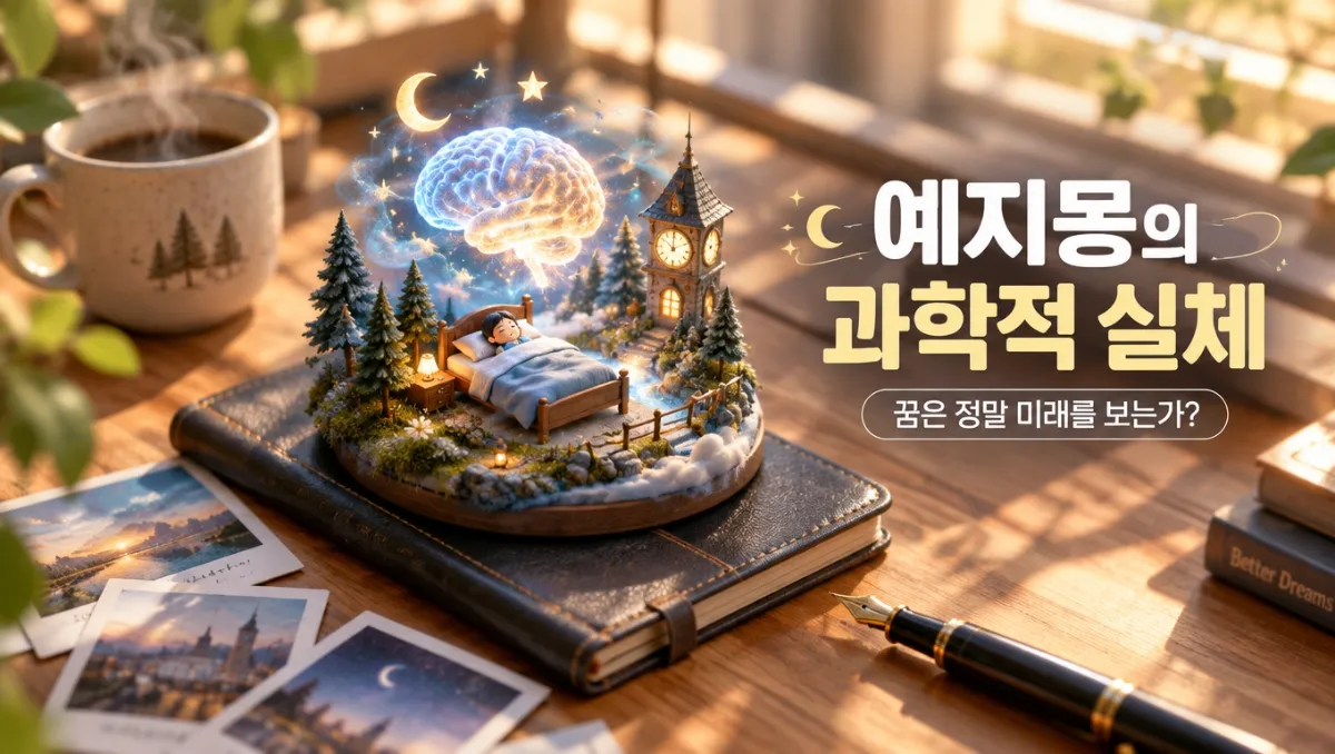 따뜻한 아침 햇살이 드는 책상 위 가죽 노트에 놓인 미니어처 디오라마. 침대에 누운 작은 인형 위로 은은하게 빛나는 반투명 뇌와 초승달, 별들이 떠 있고 옆에는 김이 오르는 커피잔과 만년필, 폴라로이드 사진이 흩어져 있다. '예지몽의 과학적 실체', '꿈은 정말 미래를 보는가?' 한글 문구가 표기되어 있다.