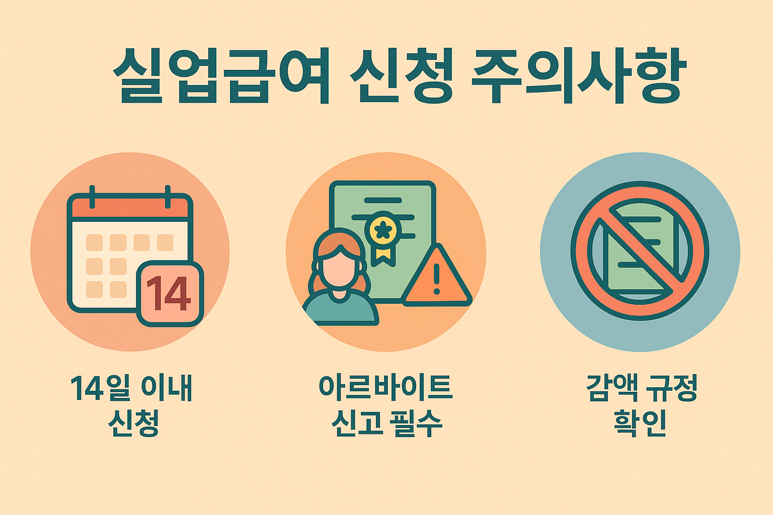 신청기한, 부업 신고, 감액 규정 등 실업급여를 신청할 때 자주 놓치는 실수와 관련 주의사항을 아이콘과 함께 시각적으로 정리한 인포그래픽입니다.