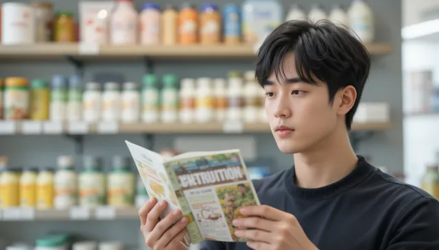 알부민 영양제 라벨을 주의 깊게 읽는 모습