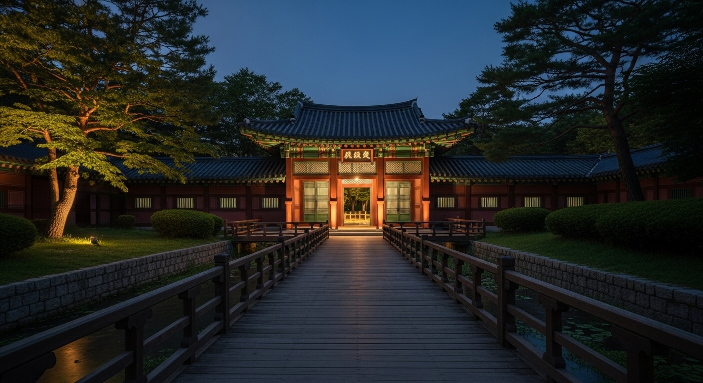 조명이 켜진 궁궐 정문과 야간 산책로 전경