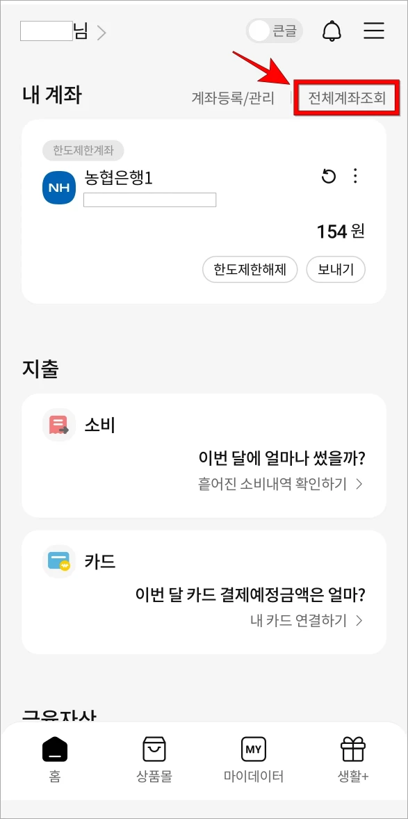 홈 화면의 '전체계좌조회'를 선택