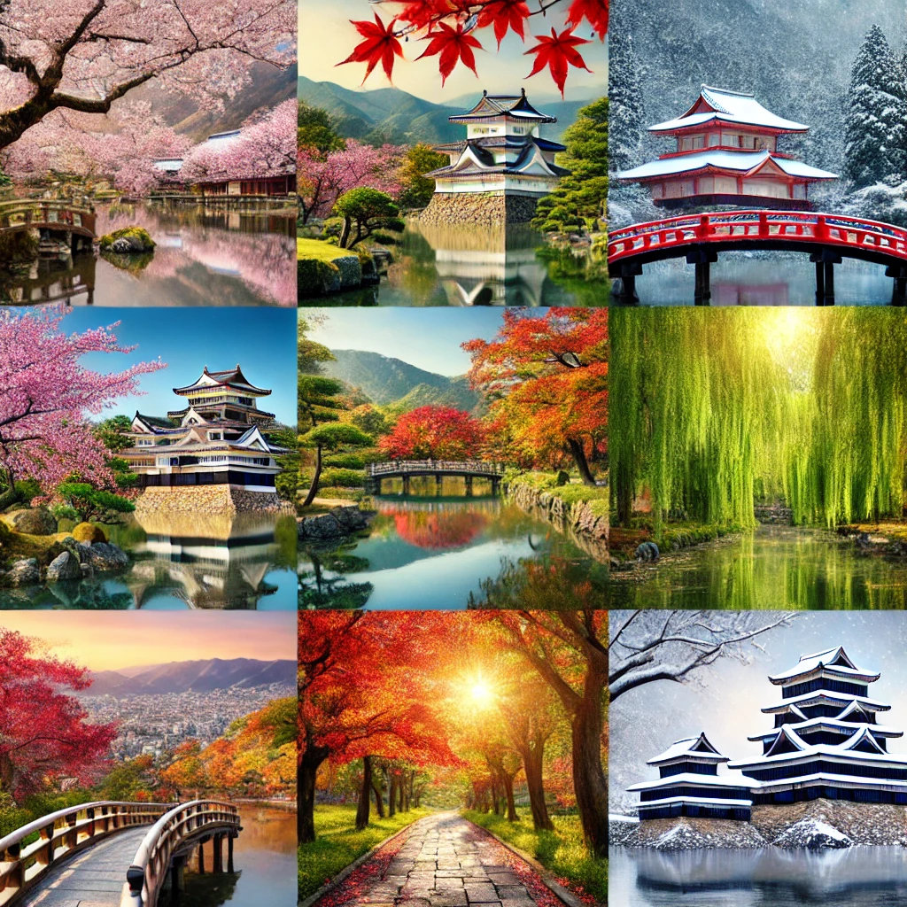 오카야마의 계절별 풍경 (고라쿠엔 정원, 쿠라시키 미관지구, 벚꽃, 단풍)