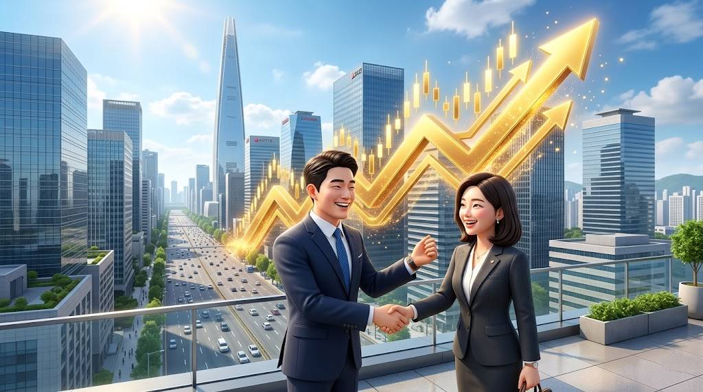 현대적인 오피스 건물들이 모여 있는 테헤란로 전경과 그 위로 떠오르는 황금색 상승 그래프