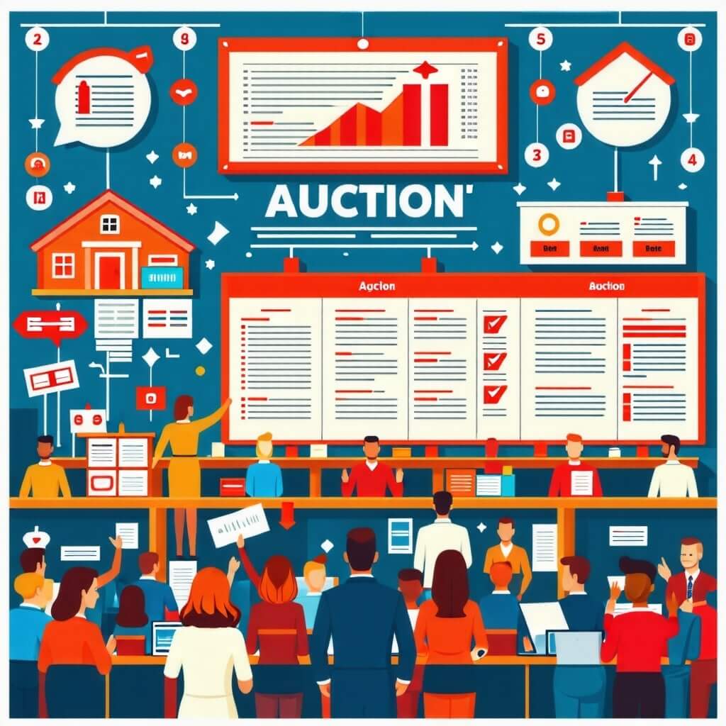 부동산 경매의 절차를 설명하는 인포그래픽. 경매 현장의 모습