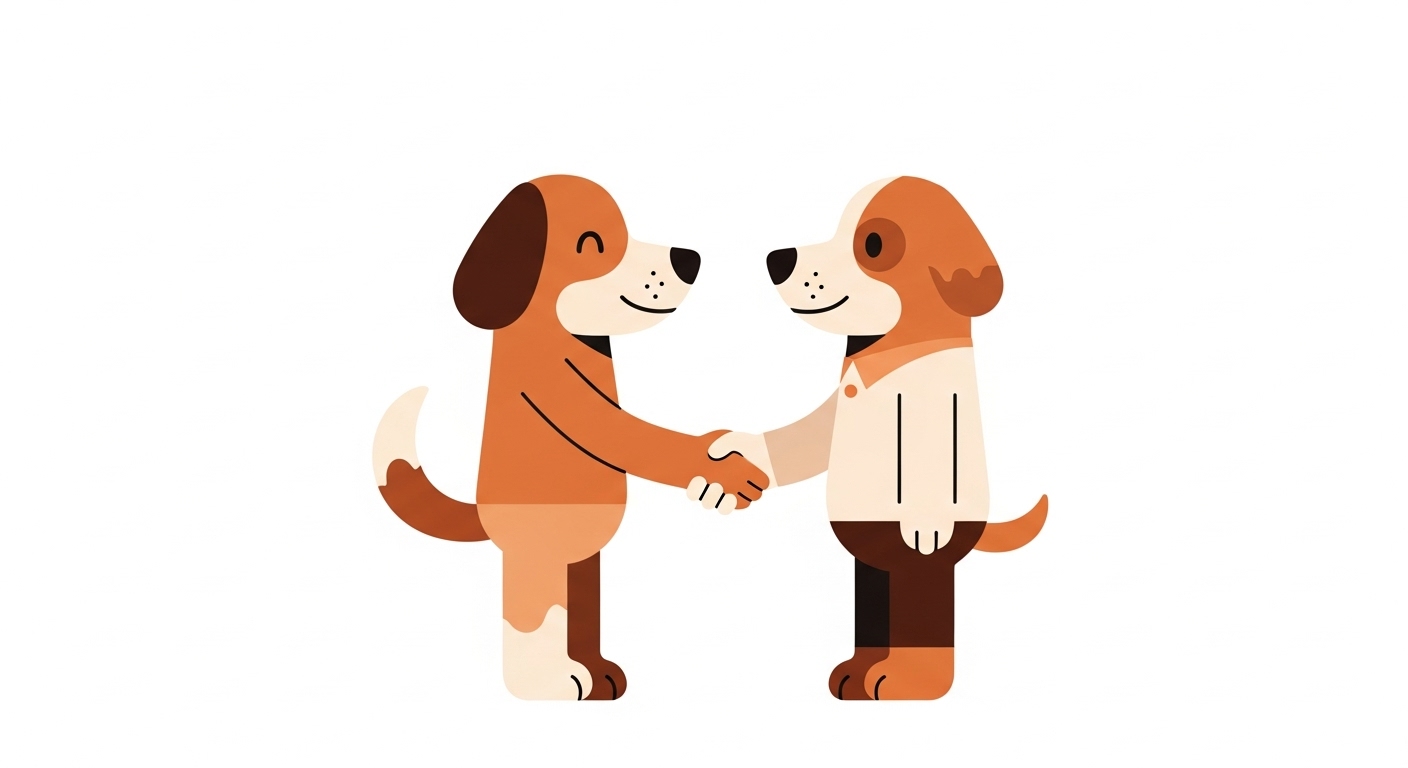 파트너와 진심 어린 악수를 나누며 신뢰와 의리를 보여주는 개 캐릭터 일러스트