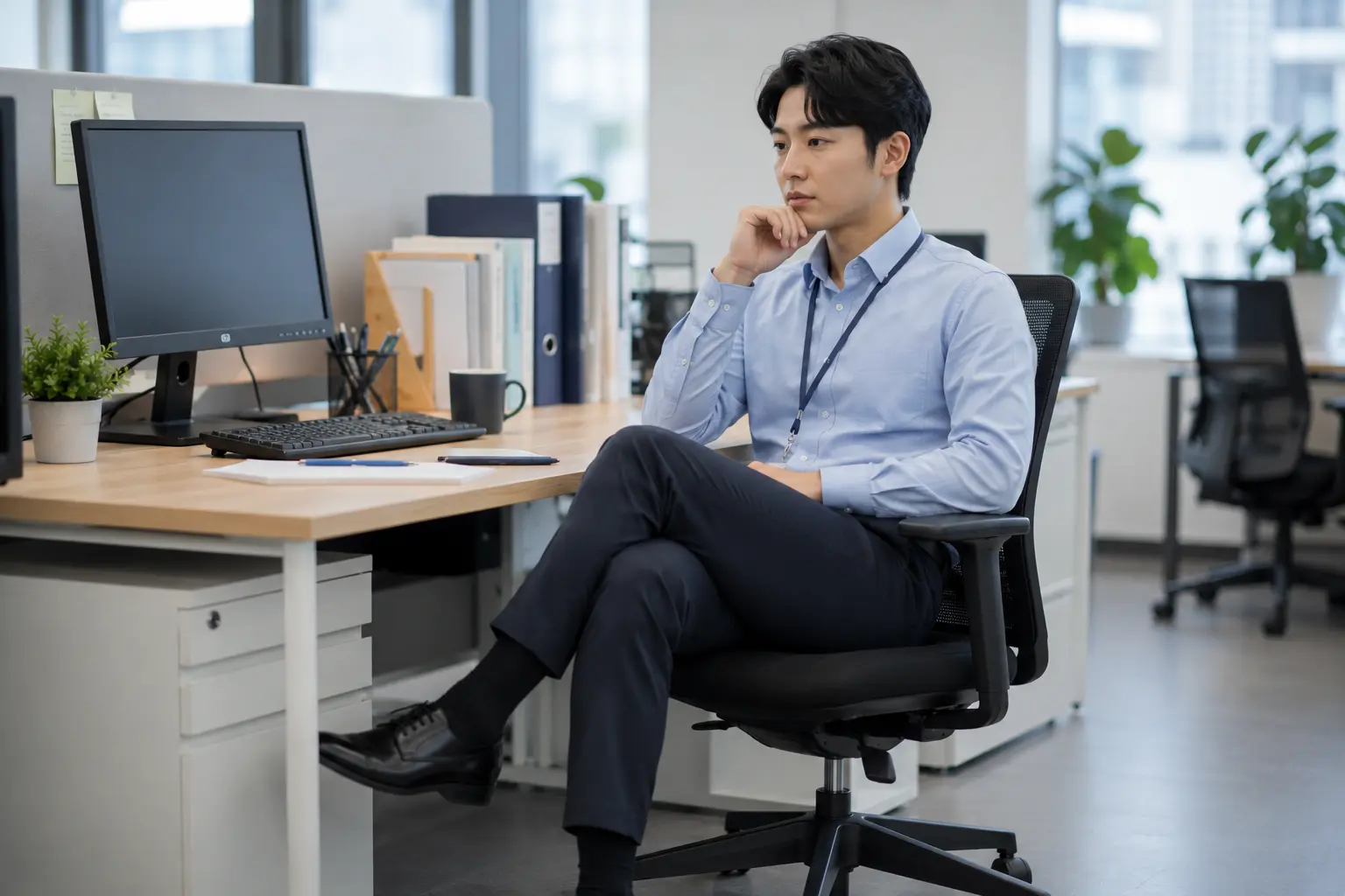 다리를 꼬고 앉아 있는 직장인 자세