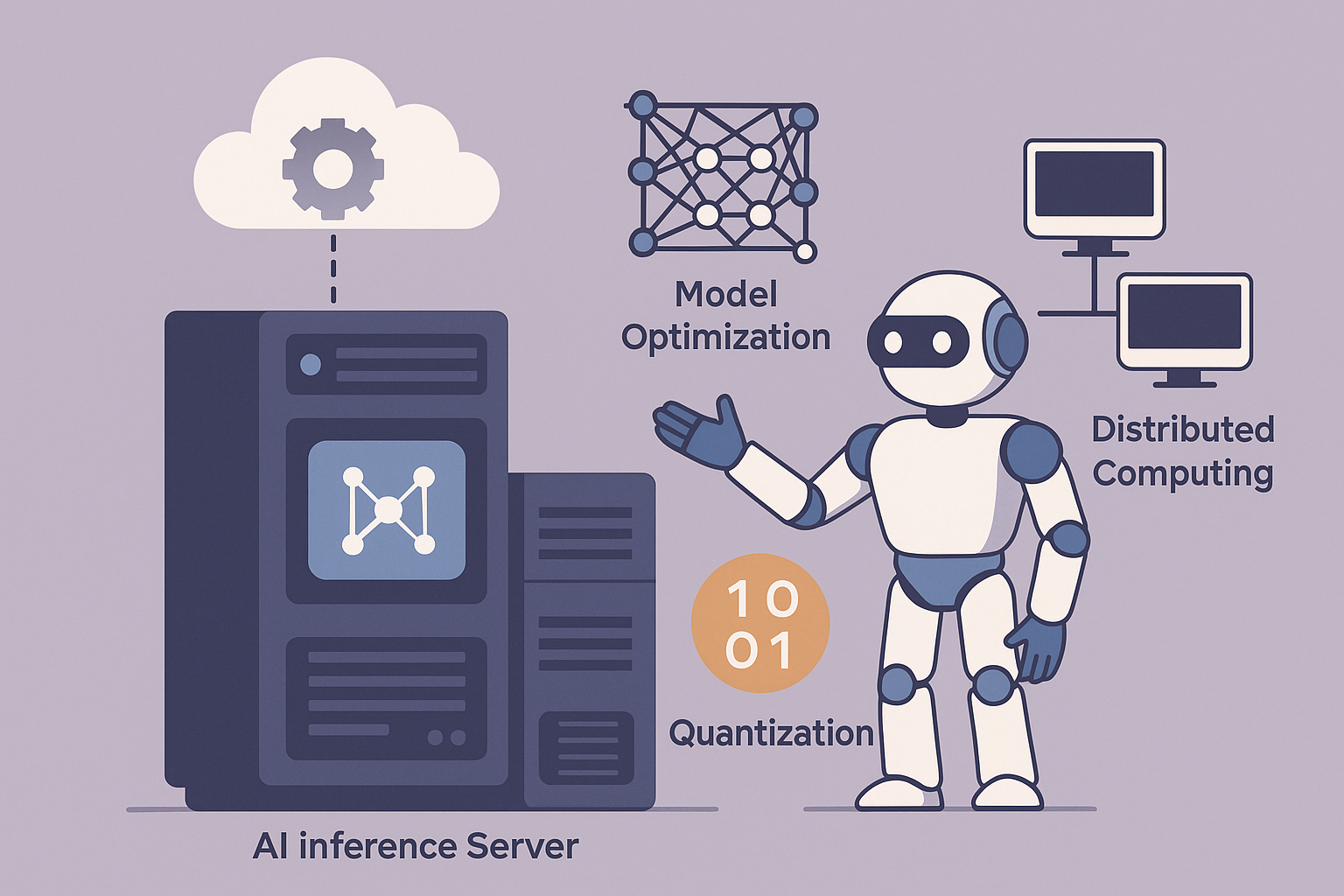 로봇이 AI 추론 서버를 가리키고 있으며, 클라우드, 뉴럴 네트워크, 양자화, 분산 컴퓨팅을 상징하는 아이콘이 함께 배치된 플랫 스타일 일러스트